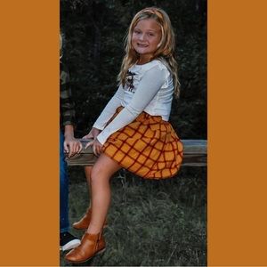 Girl’s Fall Pumpkin Matching 2 Piece Skirt Set w/ Headband